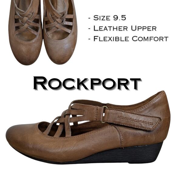 Rockport Cobb Hill Leather Wedge Heels 9.5 Brown Mary Jane Strappy Comfort Shoe - Picture 1 of 11